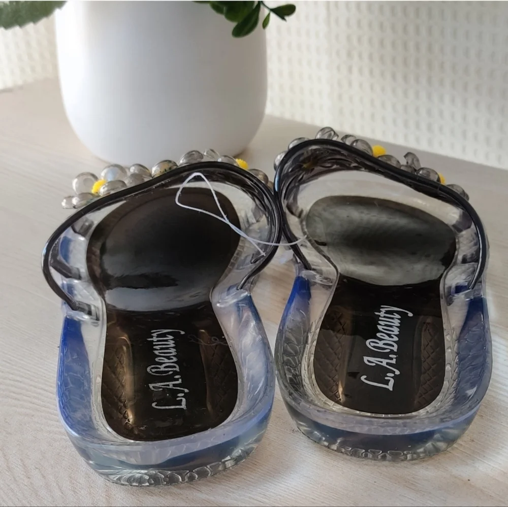 💰LA Beauty  Clear with Flowers Jelly Slides Women's Size 7
